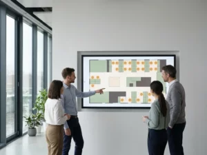 Interactive office floor map on white wall with amber pins marking reserved desks, colleagues gathered around it in a sunlit open-plan workspace.