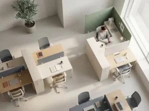 Ein einzelner Mitarbeiter arbeitet an einem sonnenbeschienenen Schreibtisch in einem minimalistisch gestalteten Großraumbüro mit bewusst leeren Arbeitsplätzen und salbeigrünen Akzenten.
