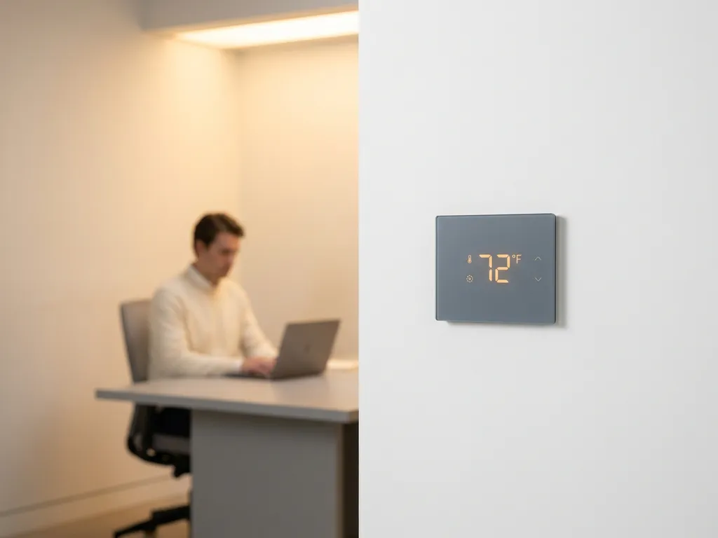 Modern office thermostat mounted on a white wall with an employee working at a minimal desk in soft-focus background.