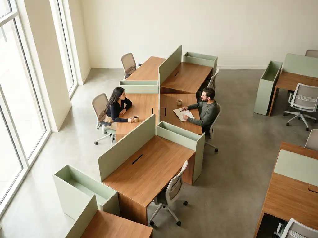 To kolleger, der arbejder side om side ved minimalistiske træskriveborde i et lyst kontor med åben planløsning, med salviegrønne detaljer og naturligt lys.