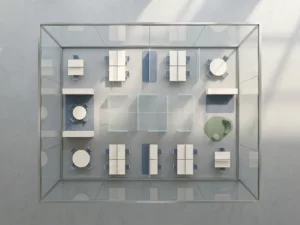 Aerial view of an open-plan office with geometric desk clusters, meeting zones, and soft natural light in warm white and slate blue tones.