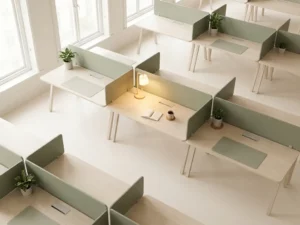 Open-plan office with minimal ash wood desks, one workstation claimed with a notebook and coffee cup, soft morning light through floor-to-ceiling windows.