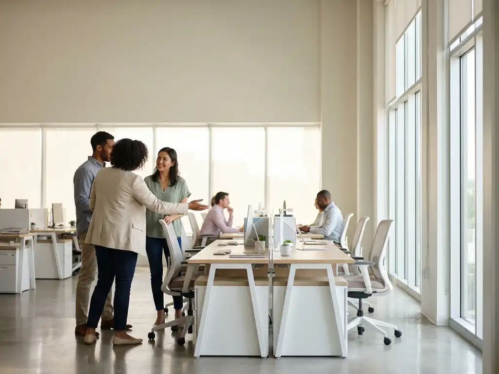 Diverse colleagues gathering around minimalist desks in a sunlit open-plan office, one person welcoming a teammate to a reserved workspace.