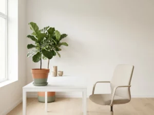 Frodig potteplante med salviegrønne blader på et minimalistisk hvitt skrivebord ved siden av en ergonomisk stol i mykt, naturlig dagslys.