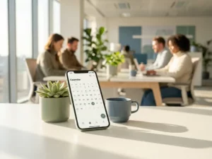 Un smartphone affichant une application de calendrier, posé sur un bureau blanc à côté d'une plante succulente et d'une tasse à café en céramique, avec, en arrière-plan, un bureau moderne flou.