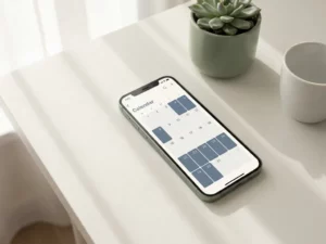 Smarttelefon som viser en glødende kalenderapp på et hvitt skrivebord ved siden av en sukkulent og en kaffekopp, mykt naturlig lys, flatt lay.