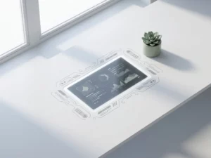 Ein leuchtendes Touchscreen-Bedienfeld auf einer weißen Bürooberfläche neben einer Sukkulente im Topf, das von oben in sanftes Tageslicht getaucht ist.