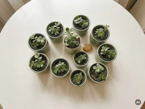 Minimalistische, salbeigrüne Zimmerpflanzen auf einer weißen Fläche gruppiert; eine höhere Pflanze in der Mitte wirft sanfte Schatten; Flat-Lay-Aufnahme mit diffusem Tageslicht.