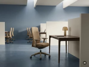 Une chaise ergonomique posée devant un bureau minimaliste, sur lequel repose un seul ordinateur portable, dans un bureau en open space calme et vide, baigné d'une douce lumière provenant du plafond.
