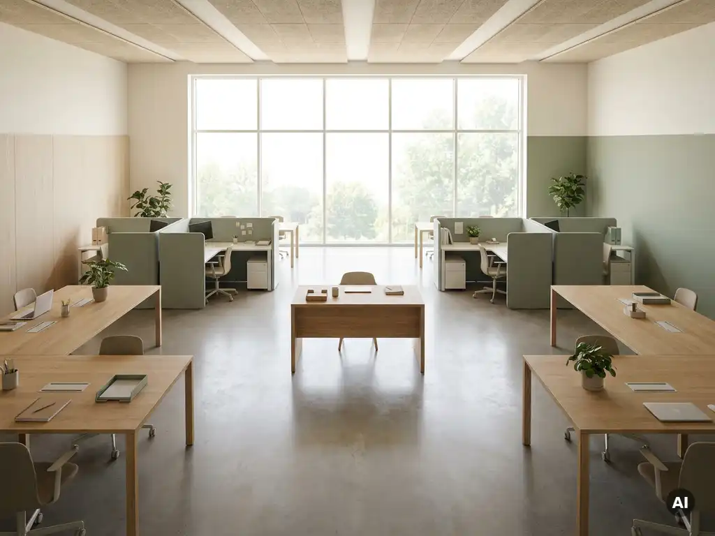 Et skrivebord af skandinavisk eg, der står midt i et minimalistisk kontor med åben planløsning, med salviegrønne detaljer og vinduer fra gulv til loft.