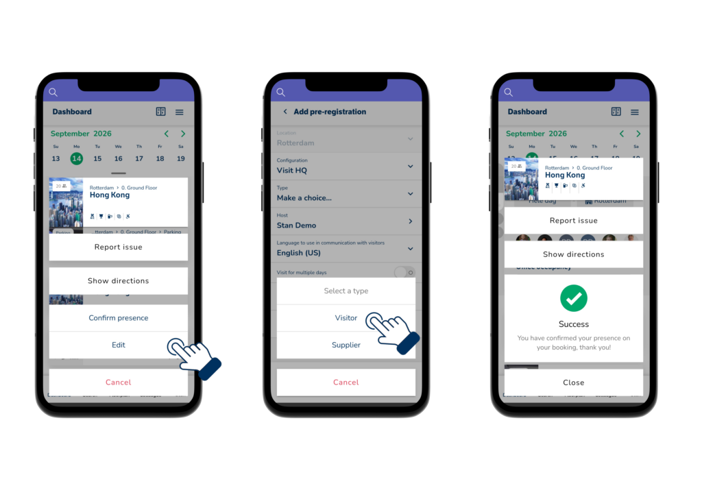 Tre schermate di smartphone che mostrano le fasi della preregistrazione di un visitatore nell'app mobile " GoBright ": selezione di un incontro sale riunioni prenotazione, inserimento dei dati del visitatore e conferma della preregistrazione.