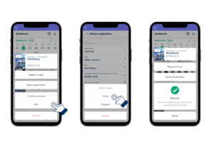 Drie smartphoneschermen waarop de stappen worden weergegeven voor het vooraf registreren van een bezoeker in de mobiele app ‘ GoBright ’: het selecteren van een gereserveerde vergaderruimte, het invoeren van de gegevens van de bezoeker en het bevestigen van de voorregistratie.