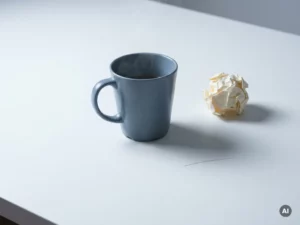 Une tasse de café fumante posée sur un bureau blanc minimaliste, à côté d'un bout de papier froissé, évoquant un espace de travail créatif à la fois serein et tendu.