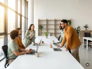 Des collègues qui rient ensemble autour d'un bureau en open space, entourés de leurs ordinateurs portables et de leurs tasses de café, dans un bureau moderne baigné de soleil.