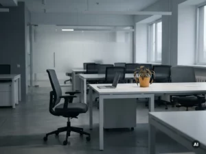 Une chaise de bureau vide devant un bureau minimaliste, à côté d'une plante fanée et d'un ordinateur portable fermé, dans un espace de travail ouvert, dépouillé et à moitié abandonné.