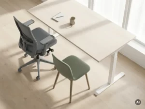 Une chaise de bureau ergonomique à côté d'une chaise de bureau classique, placée devant un bureau debout blanc, dans un bureau ouvert au style minimaliste avec des surfaces en chêne clair.