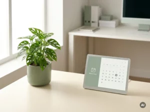 Une plante verte en pleine santé, posée à côté d'un panneau de réservation minimaliste à écran tactile, sur un bureau blanc immaculé baigné d'une douce lumière naturelle venant du côté.