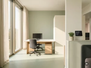 Un bureau ergonomique situé près d'une baie vitrée dans un bureau hybride au style minimaliste, équipé d'un panneau de réservation à écran tactile et d'une petite plante en pot.
