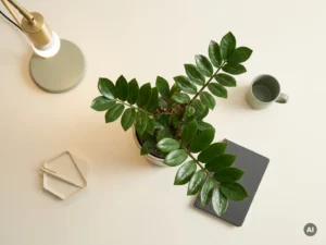 Une plante d'intérieur au feuillage luxuriant trône au centre d'un bureau moderne et épuré, baignée par la lumière chaleureuse d'une lampe aux tons sauge et ivoire.