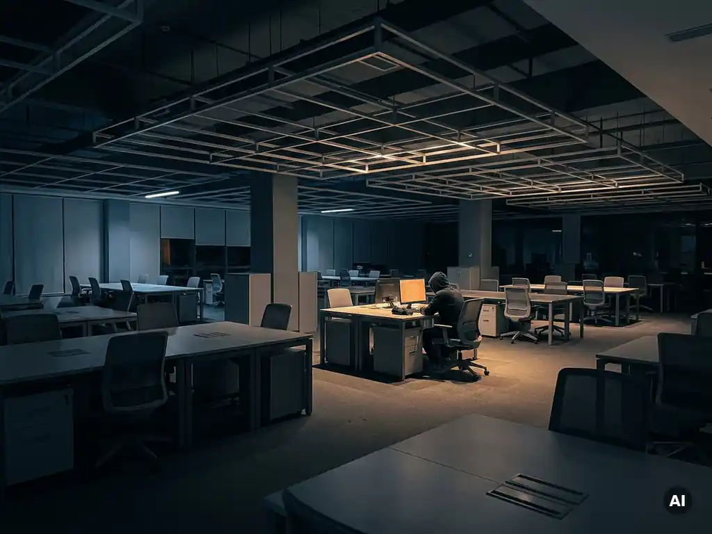 Un employé seul, assis à un bureau éclairé, dans un open space sombre et vide, entouré de chaises inoccupées et de postes de travail plongés dans l'ombre.