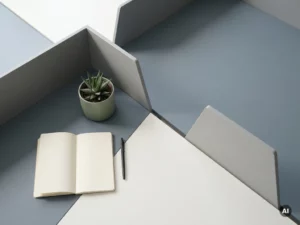 Bureau minimaliste photographié en « flat lay » avec un cahier ouvert, une plante en pot vert sauge et des intercalaires géométriques dans des tons gris ardoise et blanc.