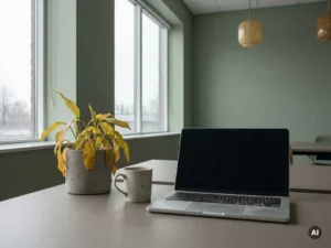 Une plante de bureau jaunissante aux feuilles tombantes, à côté d'une tasse de café intacte et d'un ordinateur portable fermé et poussiéreux, dans un bureau moderne et calme.