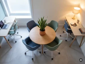 Espace de travail commun doté de fauteuils ergonomiques disposés autour d'une table en chêne, alliant des zones de travail éclairées par la lumière du jour et par des lampes, avec une plante en pot en centre de table.