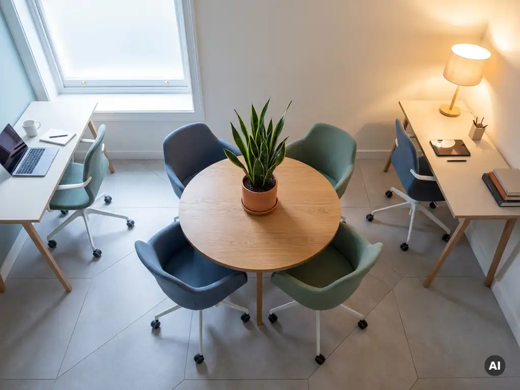 Espace de travail commun doté de fauteuils ergonomiques disposés autour d'une table en chêne, alliant des zones de travail éclairées par la lumière du jour et par des lampes, avec une plante en pot en centre de table.