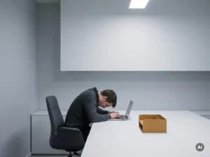 Une personne penchée sur un ordinateur portable posé sur un bureau blanc minimaliste, adoptant une posture peu ergonomique dans un bureau moderne.