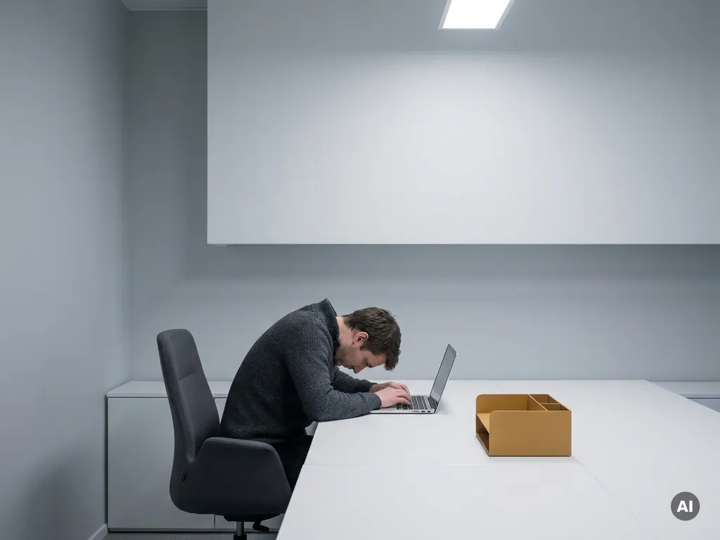 Une personne penchée sur un ordinateur portable posé sur un bureau blanc minimaliste, adoptant une posture peu ergonomique dans un bureau moderne.