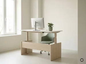 Bureau debout réglable en hauteur, installé dans une position ergonomique avec un écran à hauteur des yeux, une petite plante et de la lumière naturelle, dans un bureau moderne et épuré.