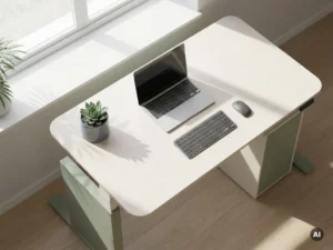 Bureau debout réglable en hauteur, de hauteur moyenne, avec un ordinateur portable, des périphériques sans fil et une plante succulente baignée par la lumière du matin, vue aérienne en plan.