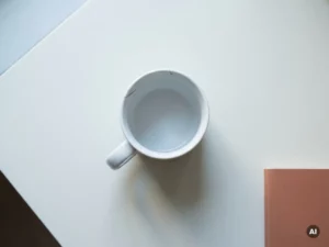 Une tasse à café en céramique blanche ébréchée, posée de travers sur un bureau minimaliste, avec une ombre douce à ses pieds, dans des tons gris pâle et ivoire chaleureux, composition « flat lay ».