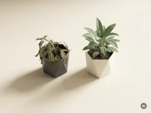 Plante brune fanée retombant à côté d'une plante verte saine et dressée sur un bureau blanc, éclairage latéral naturel doux, vue à plat.