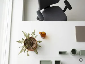 Une plante en pot flétrie, au terreau sec et aux feuilles tombantes, posée sur un bureau blanc minimaliste, à côté d'une chaise ergonomique vide.
